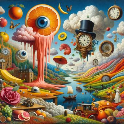 The primary subject of the image is a surreal painting featuring a clock tower, a boat, and a variety of fruits and vegetables. The setting is a whimsical, imaginative landscape with a mix of natural elements and man-made structures. The visual style is a combination of digital art and illustration, creating a unique and intriguing scene. The colors and mood are vibrant and lively, with a focus on the contrast between the natural elements and the more artificial elements of the painting.
